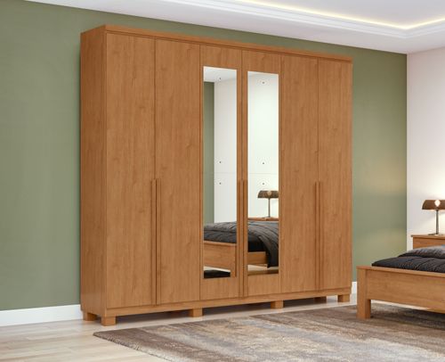 Guarda Roupa Casal 6 Portas 100% MDF Alonzo Com Espelhos e Pés Amendoa Clean