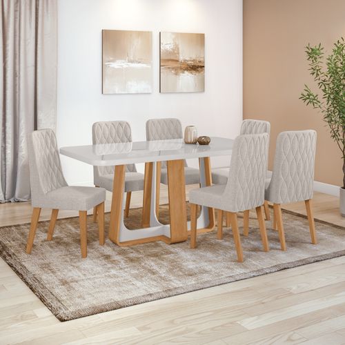Conjunto Sala de Jantar Mesa 1,70 Sintonia com Maxi Tampo + 6 cadeiras Luar Linho Mosaico Cinza Clean/Off White