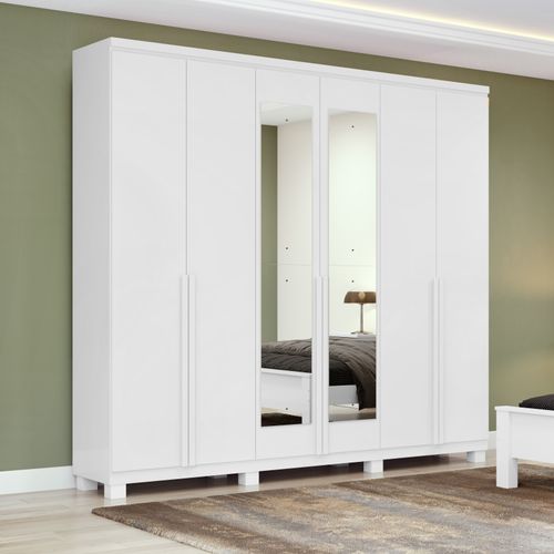 Guarda Roupa Casal 6 Portas 100% MDF Alonzo Com Espelhos e Pés Branco